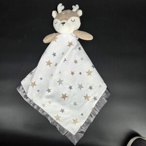 Cloud Island Deer Baby Security Blanket Lovey White Grey Star Satin Trim Plush